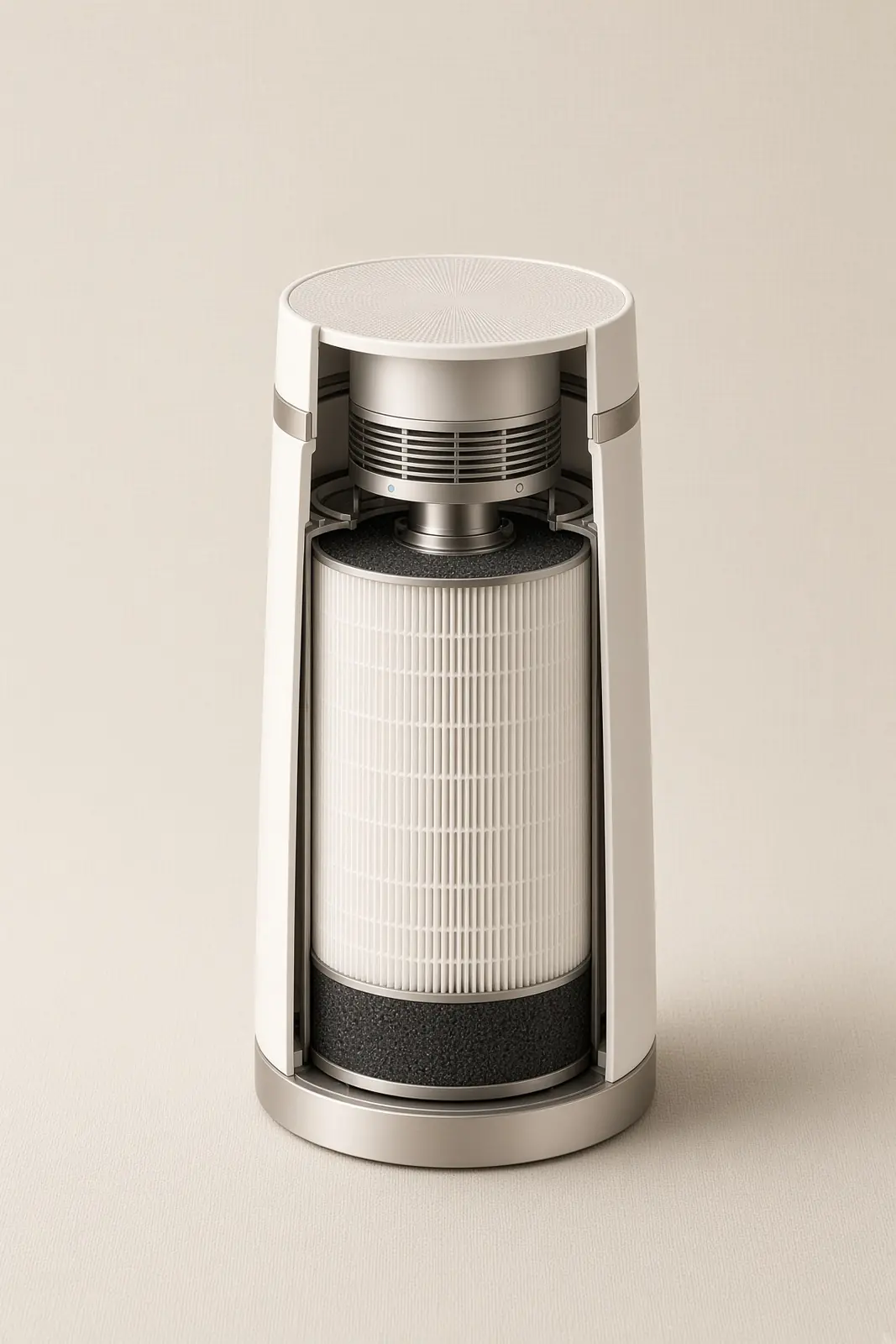 Cutaway of the fan, HEPA cylinder and carbon bed